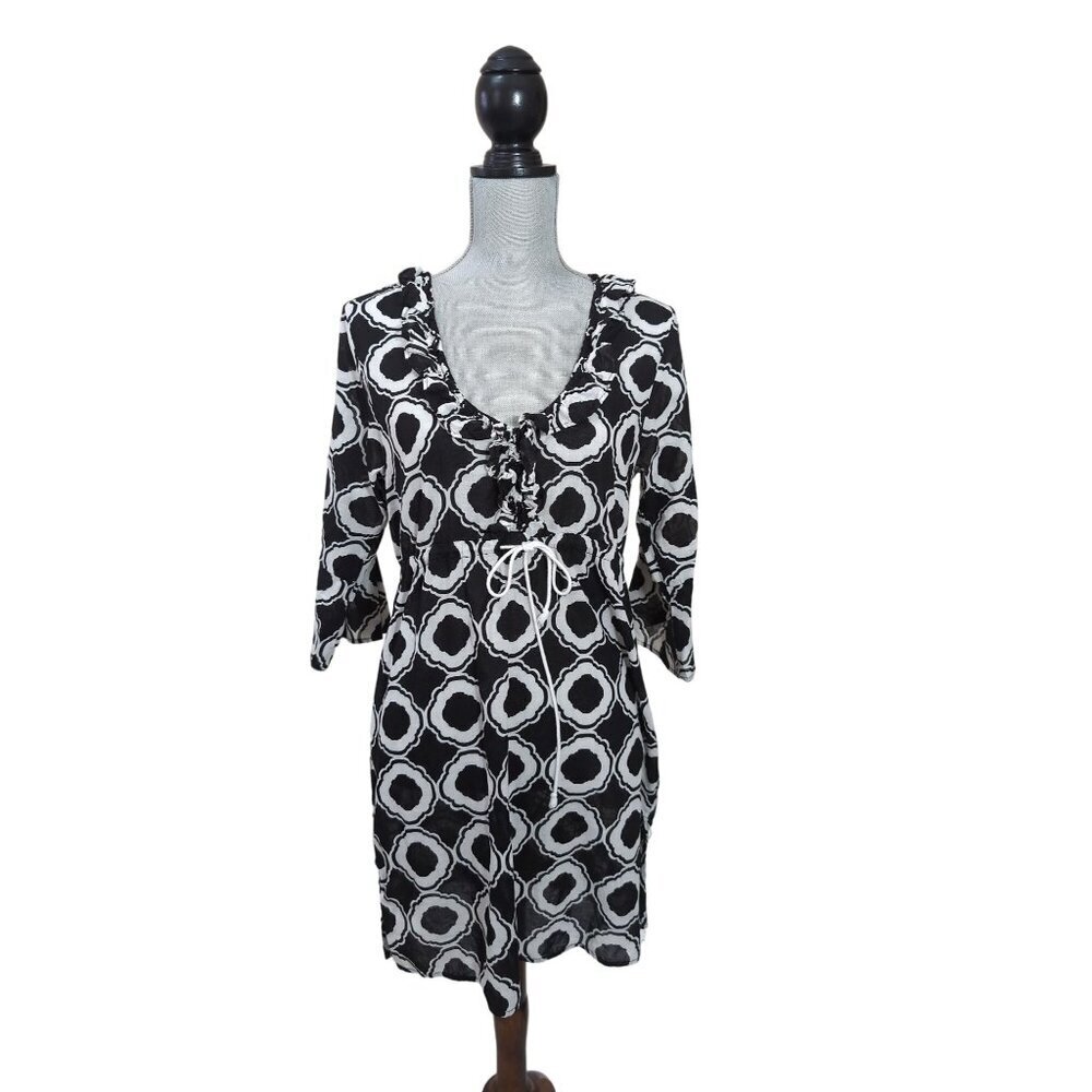 Mud Pie Cover Up Dress Womens M Black White Ruffle V-Neck Lightweight Beach Swim
